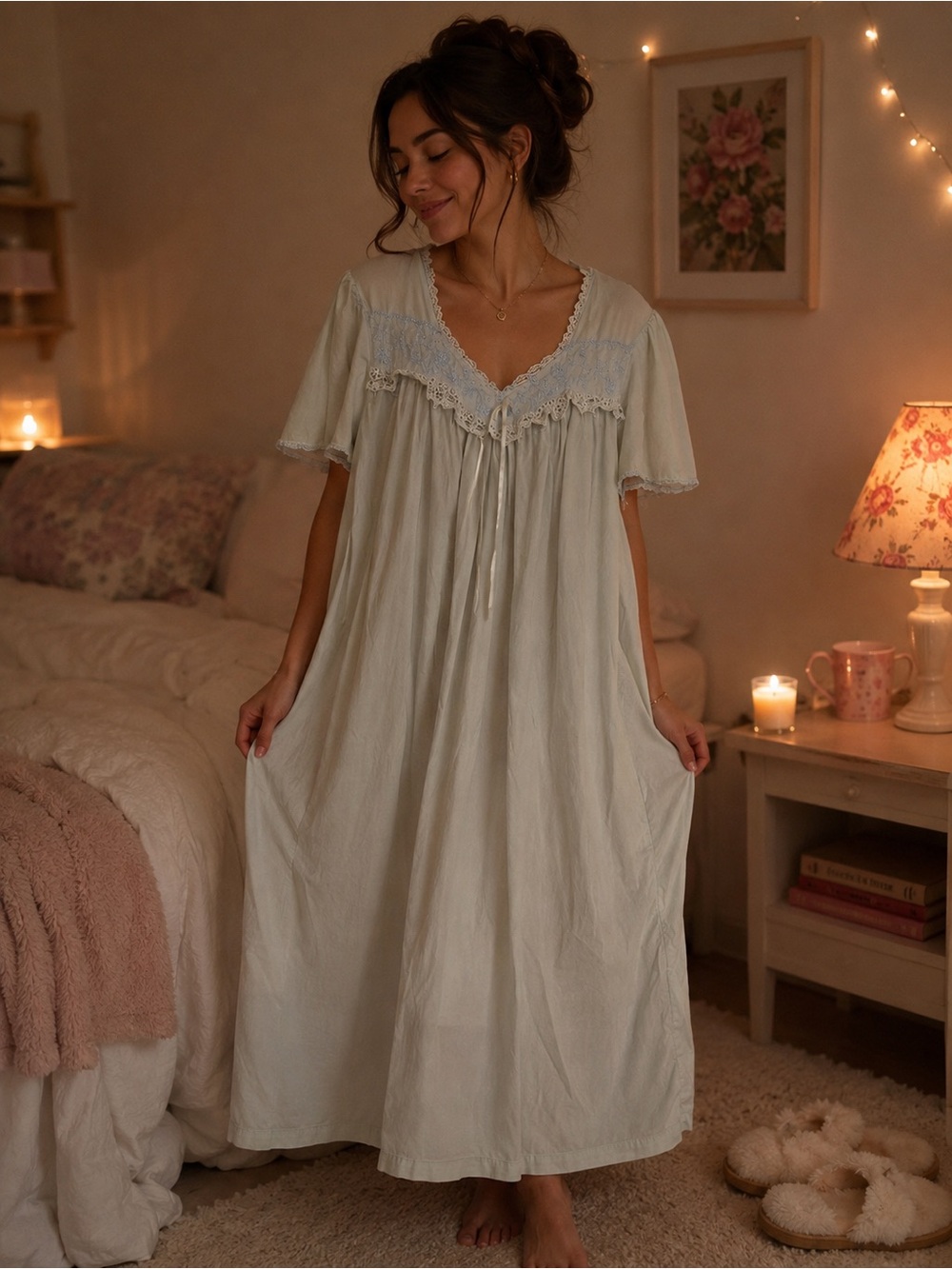 VTG Women's Lace-Trim Light Cream Nightgown - Elegant Comfort